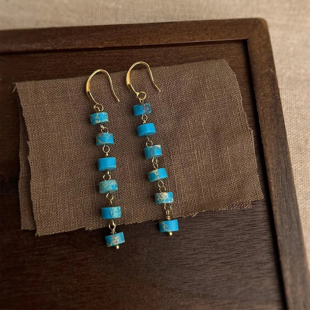 Ethnic New Chinese Natural Stone Geometric Ring Tassel Drop Earrings Handmade Long Dangle Jewelry