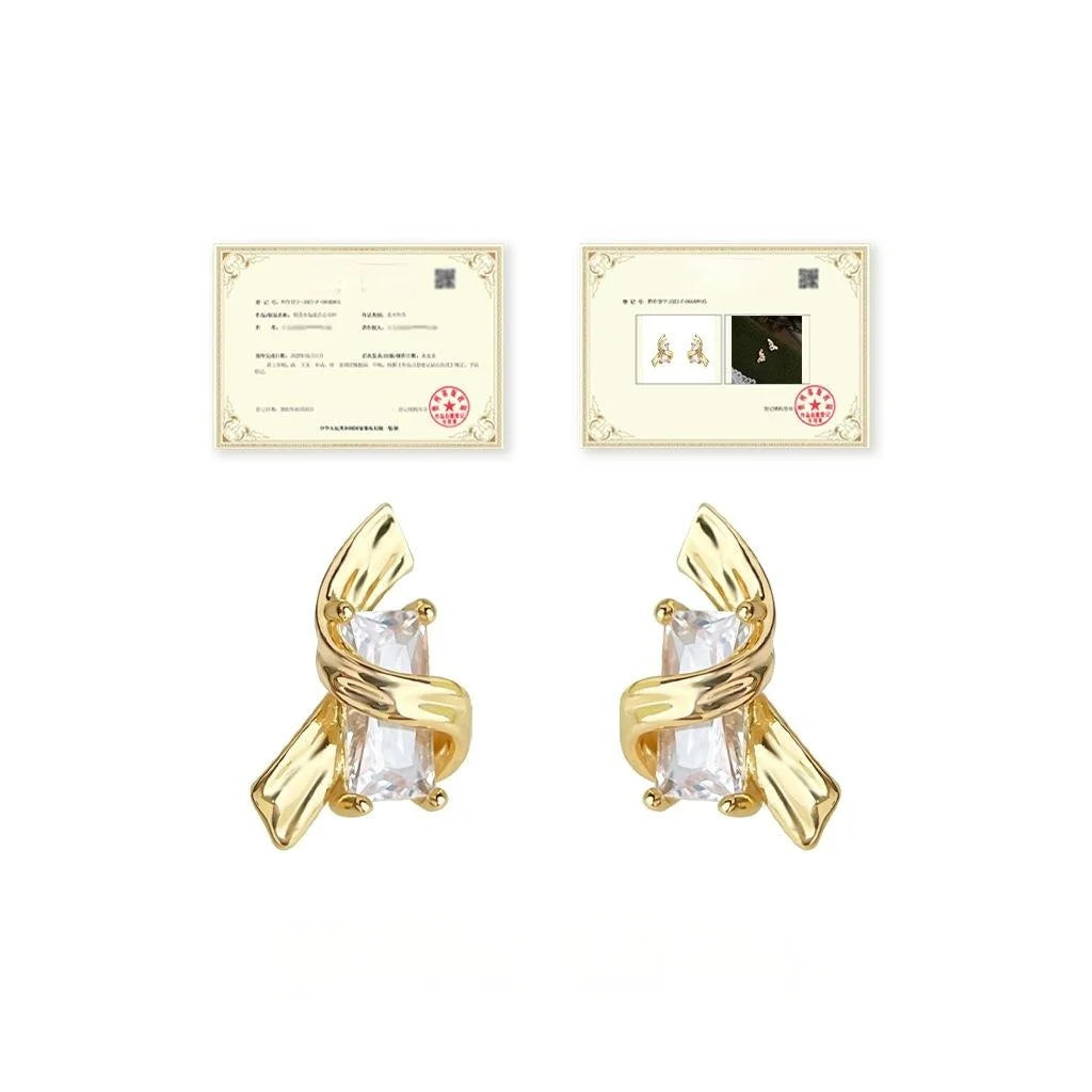 14K Plated Copper Micro Pave Zircon Ribbon Geometric Stud Earrings