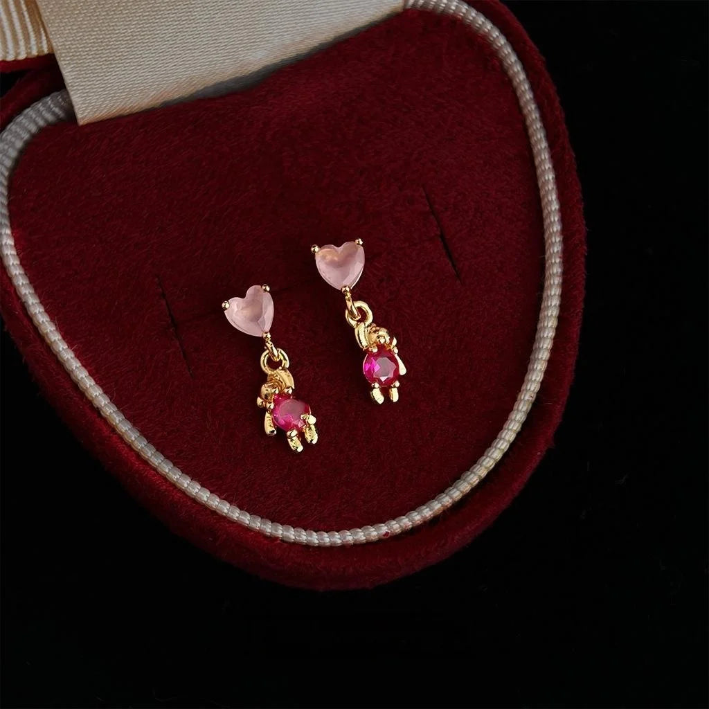Sweet Balloon Bear Heart Micro Pave Zircon Copper Drop Earrings For Women