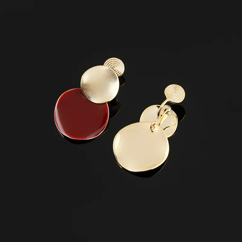 Vintage Contrast Red Enamel Round Disc Alloy Spiral Stud & Clip On No Piercing Drop Earrings