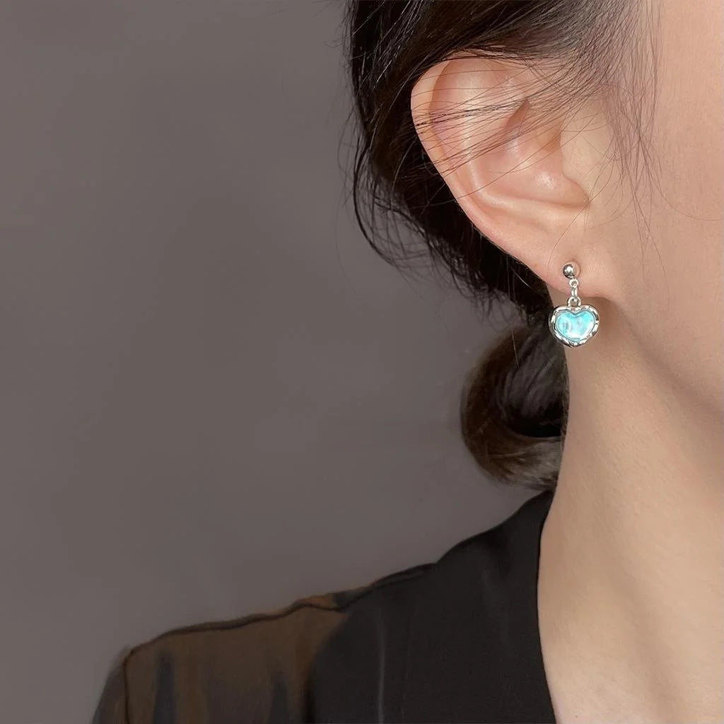 Sea Blue Glass Heart Drop Earrings For Women, Irregular Fresh Vacation Style Jewelry