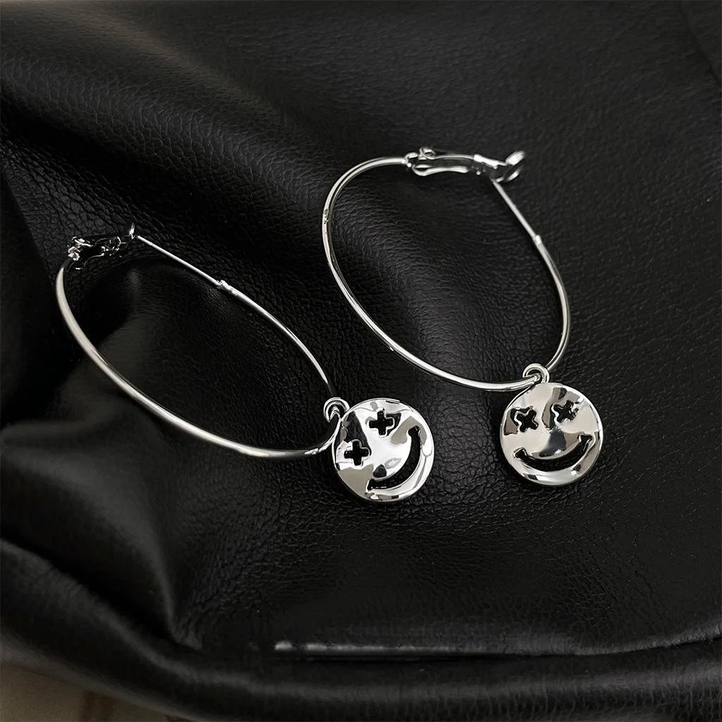 Sweet Cool Smiley Face Geometric Copper Hoop Earrings, Niche Designer Circle Jewelry