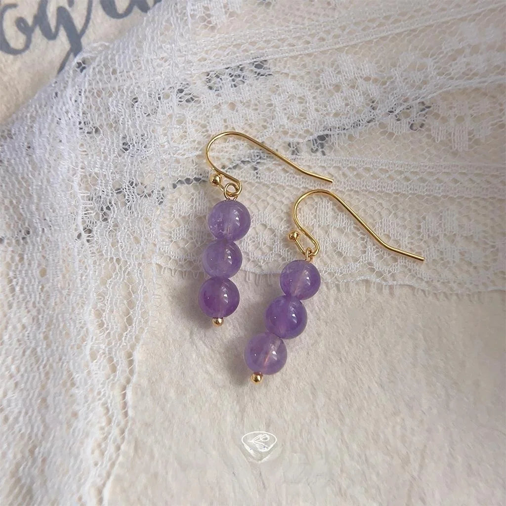 New Chinese Purple Natural Stone Crystal Grape Cluster Drop Earrings Handmade Vintage Elegant Jewelry