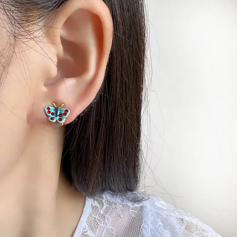 Vintage Blue Enamel Butterfly Rhinestone Stud & Clip On No Piercing Coil Back Women's Fashion Earrings