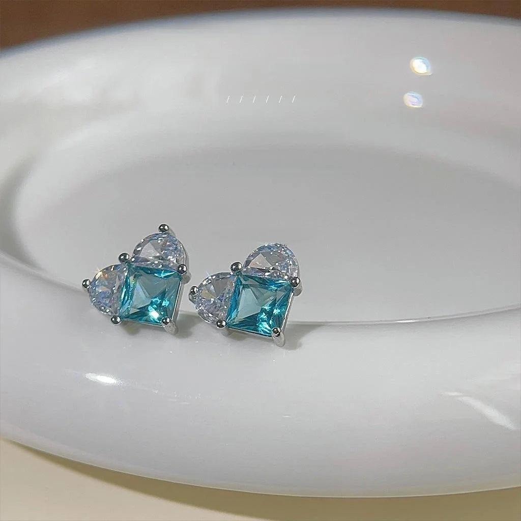 Sweet Cool Blue Micro Pave Zircon Heart Stud Earrings, Copper Mini Minimalist