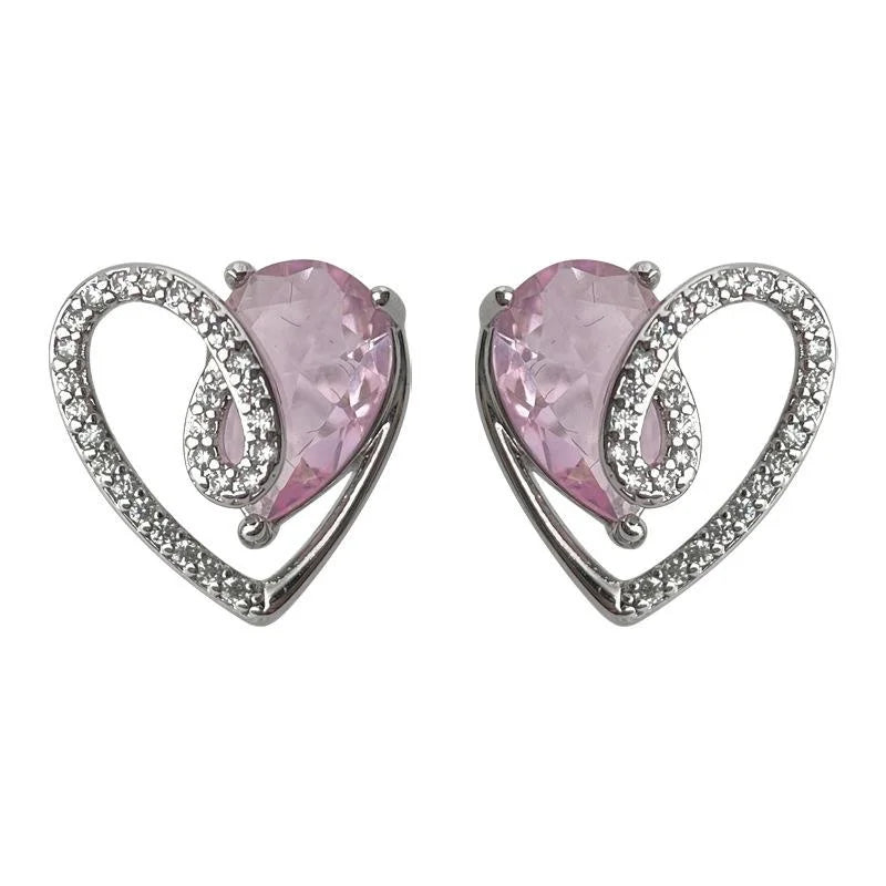 Original Design Copper Micro Pave Zircon Pink Heart Stud Earrings Hollow Line Sweet Everyday Jewelry