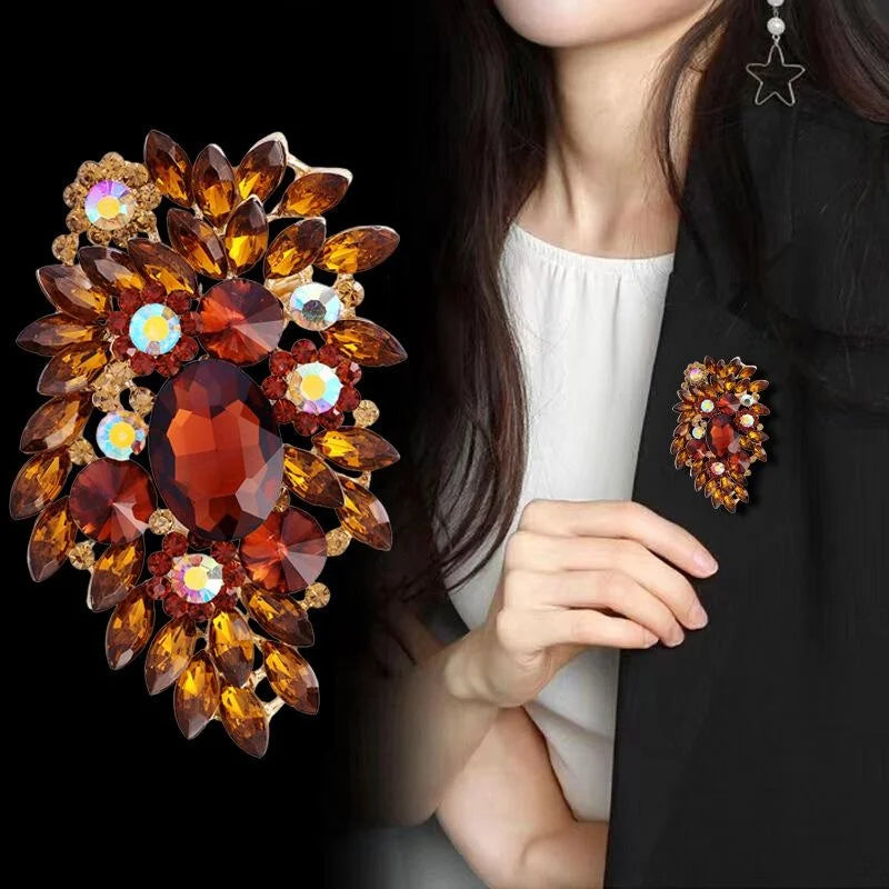 Luxury Crystal Rhinestone Flower Brooch, Silver Alloy Teardrop Corsage Lapel Pin For Shawl Suit Gift
