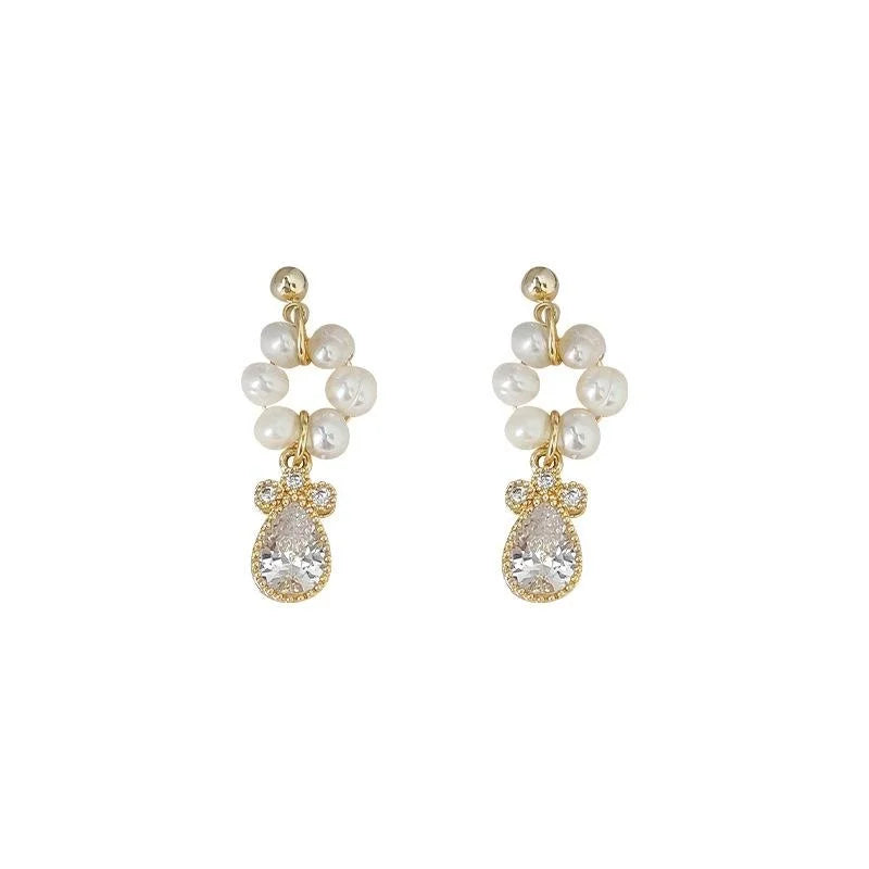 14K Gold Plated Freshwater Pearl Drop Earrings With Micro Pave Zircon Circle Geometric Design