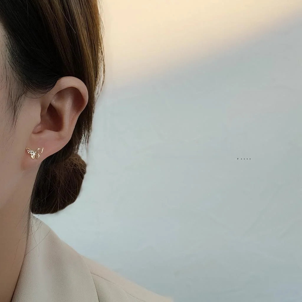 Mini 14K Gold Plated Copper Hollow Butterfly Stud Earrings For Women Simple Daily Jewelry