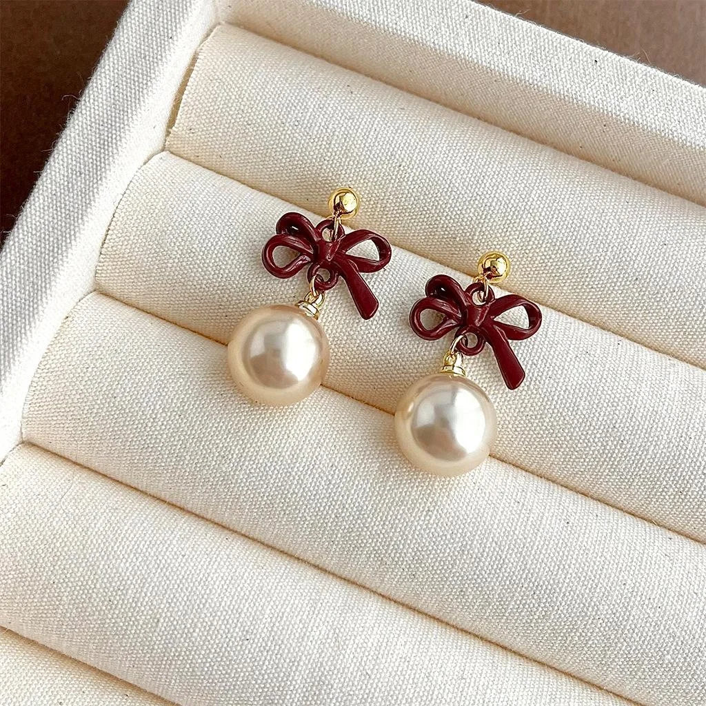 Vintage Burgundy Lacquer Copper Bow Drop Earrings for Women Autumn Winter Fashion
