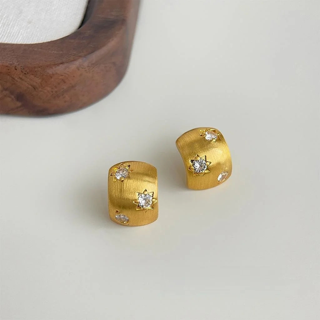 14K Gold Plated Copper Micro Pave Zircon Brushed Matte Geometric Half Hoop Stud Earrings
