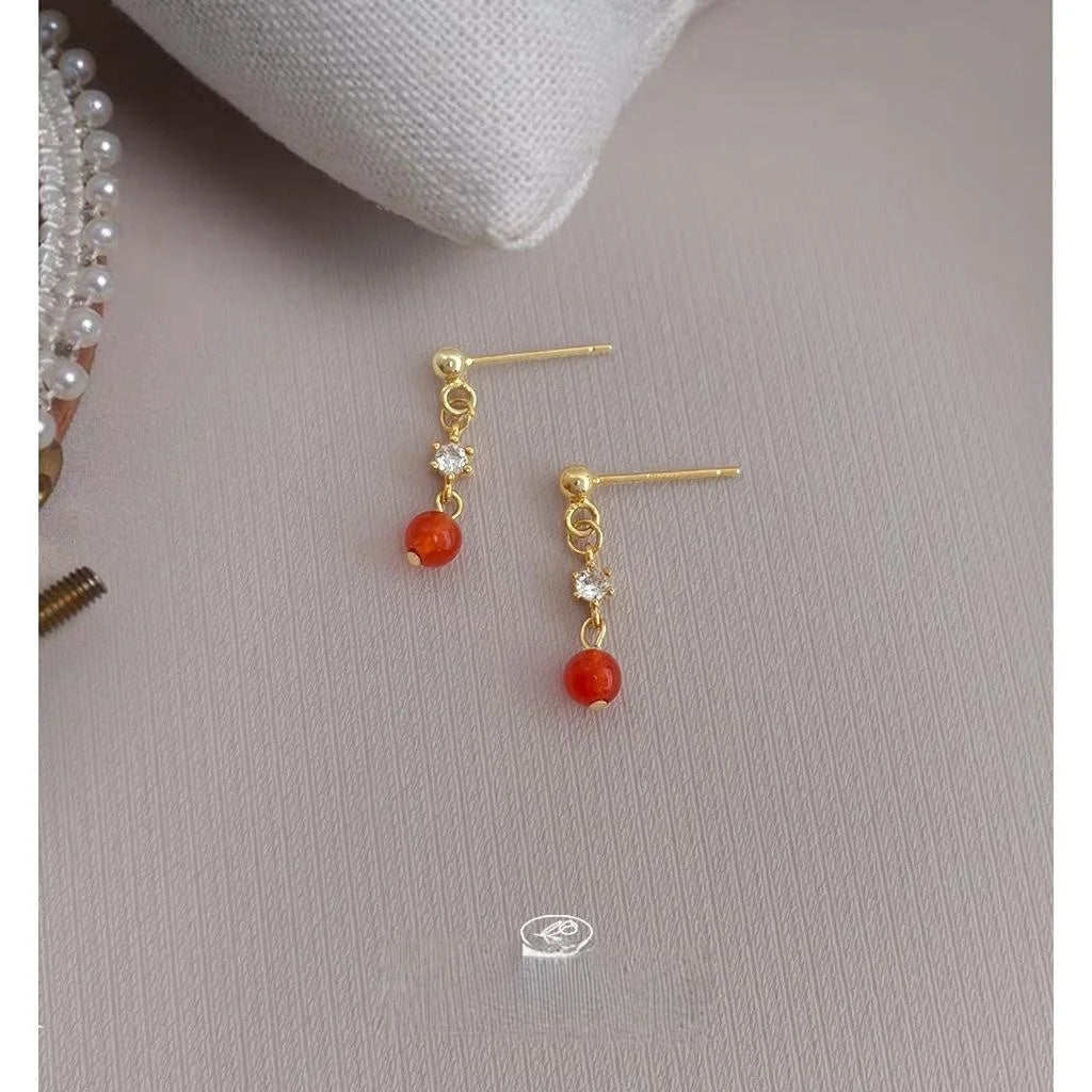 Mini Red Agate Zircon Tassel Drop Earrings, Geometric Copper Light Luxury Jewelry