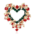 Elegant Christmas Heart Wreath Rhinestone Alloy Brooch, Red Green Floral Lapel Pin Corsage Gift