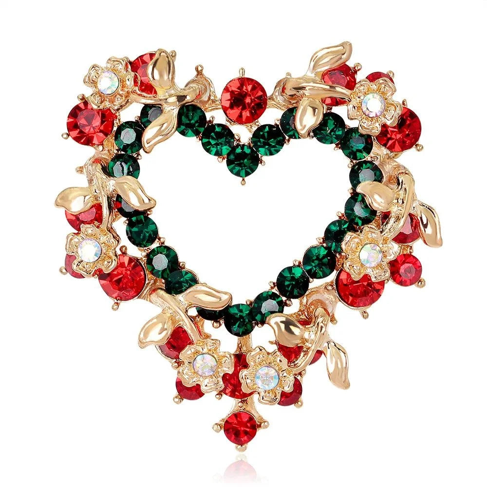 Elegant Christmas Heart Wreath Rhinestone Alloy Brooch, Red Green Floral Lapel Pin Corsage Gift