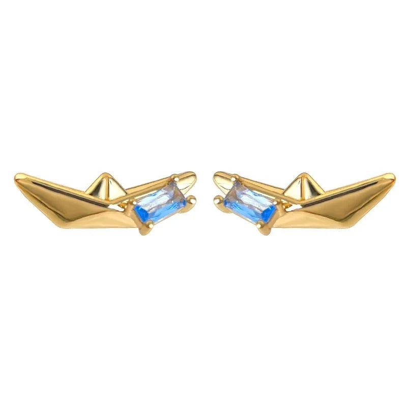 Geometric Boat Stud Earrings With Aquamarine Zircon, Copper Silver Plated High End Creative Jewelry