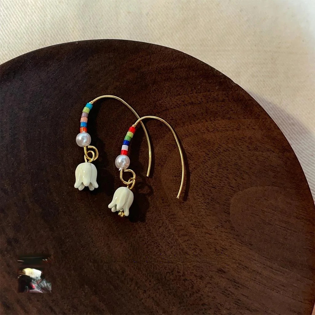 Sweet Handmade Lily Of The Valley Flower Drop Earrings Copper High-Luster Pearl Floral Jewelry