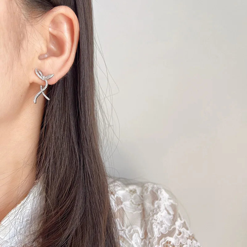 Elegant Zircon Rhinestone Bowknot Swirl Drop Stud & Clip On No Piercing Back Hanging Earrings