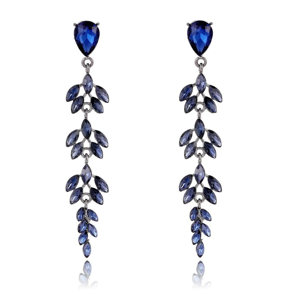 Luxury Blue Crystal Wheat Leaf Long Dangle Earrings, Alloy Rhinestone Drop Jewelry For Wedding Party