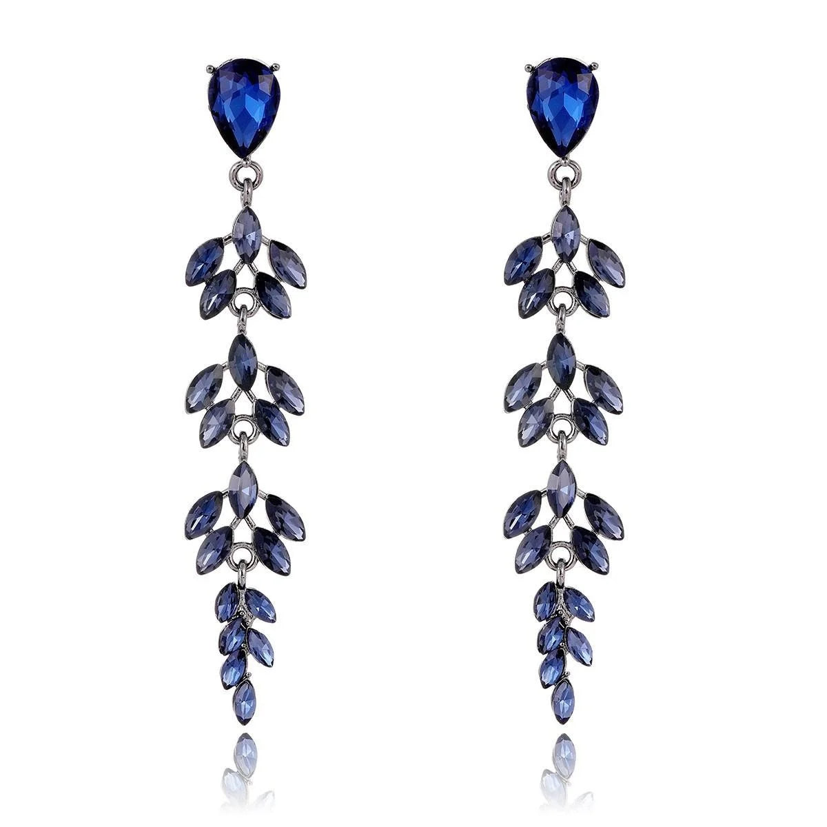 Luxury Blue Crystal Wheat Leaf Long Dangle Earrings, Alloy Rhinestone Drop Jewelry For Wedding Party