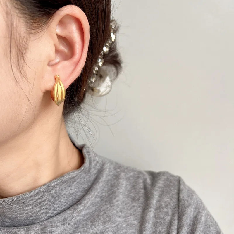 Elegant Matte Gold Alloy Cross C Hoop Stud & Clip On No Piercing Spiral Twist Statement Earrings