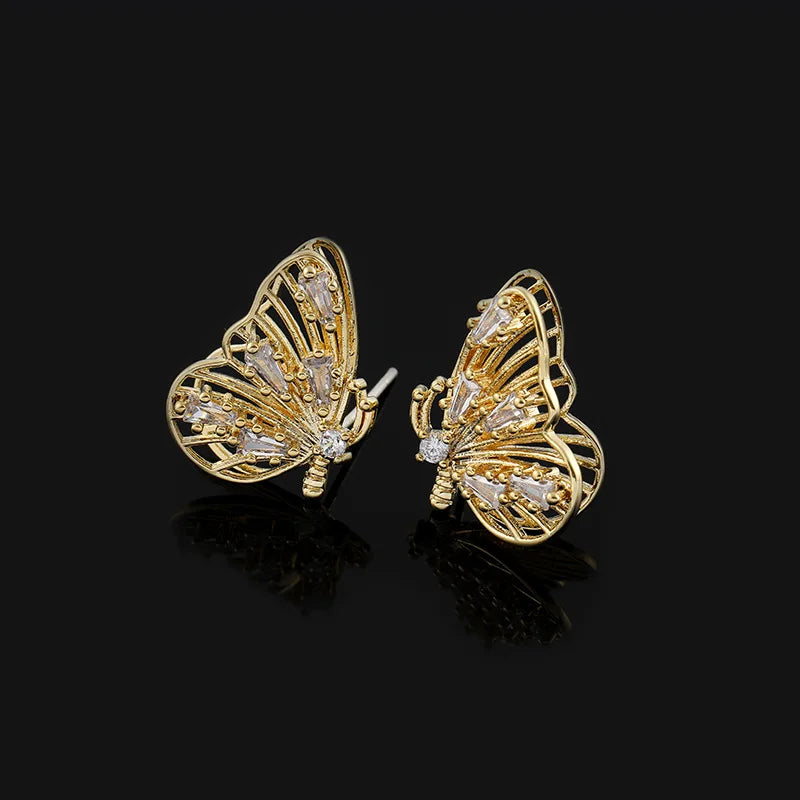 Luxury Gold Tone Alloy Zircon Butterfly Micro Pave Stud & Clip On No Piercing Women's Fashion Earrings