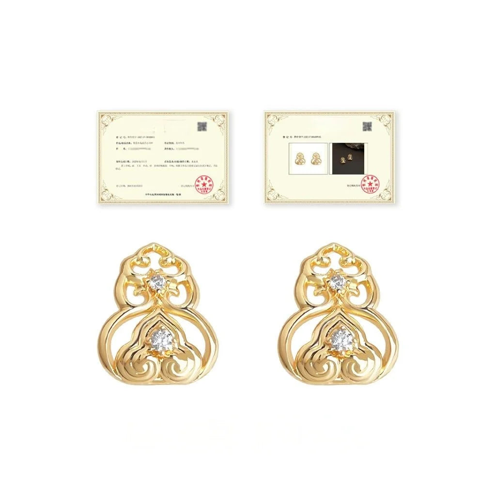 Light Luxury 14K Plated Copper Zircon Gourd Stud Earrings, Geometric Chinese Pattern Jewelry