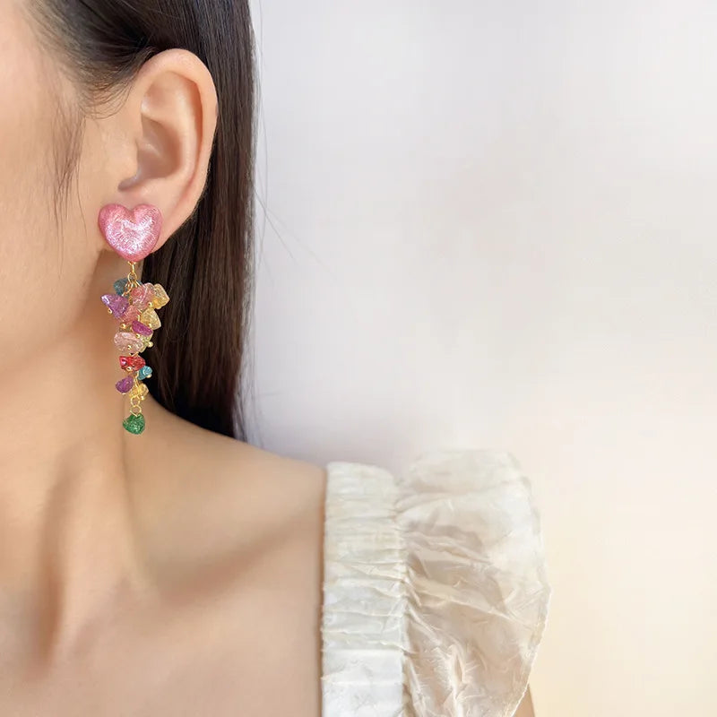 Pink Heart Colorful Crystal Chip Long Tassel Alloy Stud & Clip On No Piercing Earrings