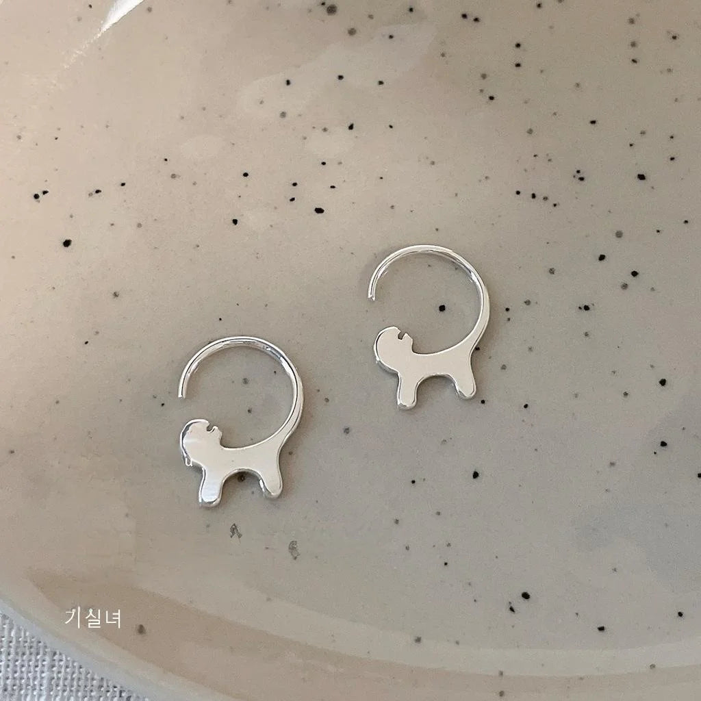 Cute Silver Tone Copper Cat Drop Earrings Minimalist Animal Design Daily Fashion Jewelry