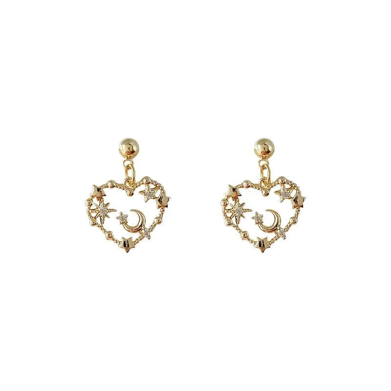 Vintage Silver Plated Copper Heart Star Moon Micro Pave Zircon Stud Earrings