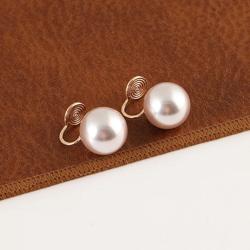 Large Light Pink Round Pearl Stud & Clip On No Piercing Elegant Minimalist 14mm Women's Earrings