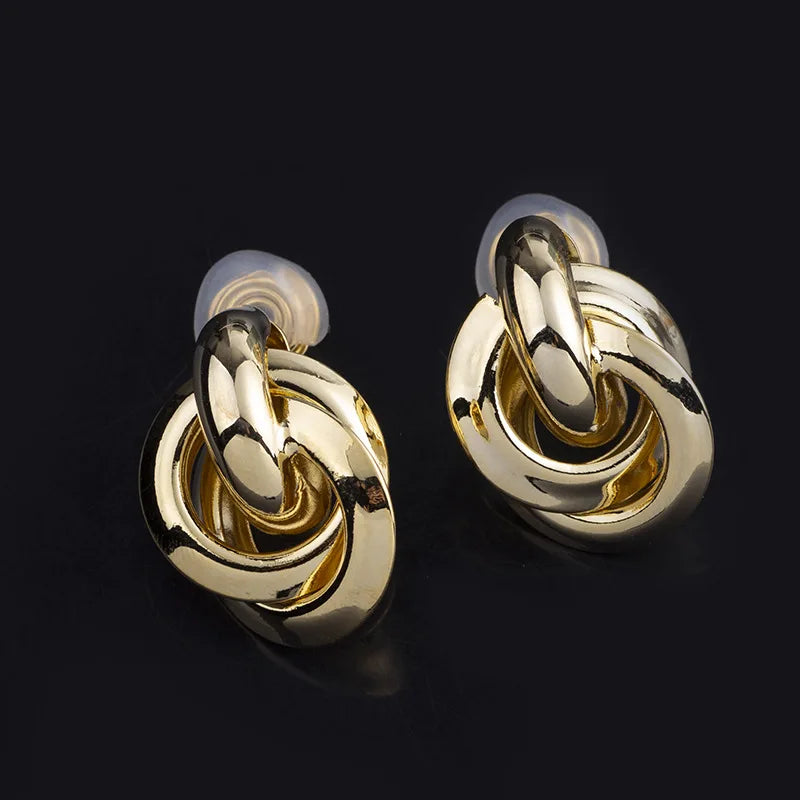 Vintage Gold Alloy Spiral Disc Hoop Stud & Clip On No Piercing Minimalist Statement Drop Earrings