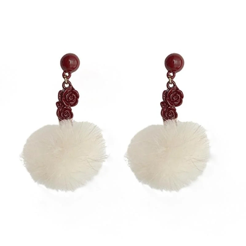 Burgundy Enamel Copper Flower Petal Pom Pom Drop Earrings Fashion OL Winter Jewelry