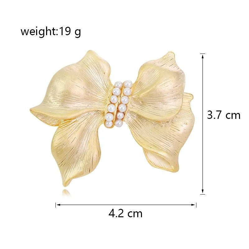 Elegant Gold Alloy Bow Brooch With Faux Pearl Center, Women's Lapel Pin Corsage Suit Accessory Gift