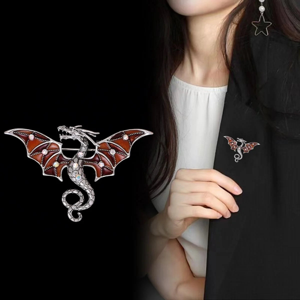 Vintage Enamel Flying Dragon Brooch With Rhinestone Wings, Luxury Alloy Lapel Pin Suit Accessory Gift