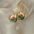Copper 14K Gold Plated Enamel Painted Flower Stud Earrings Vintage Chinese Style