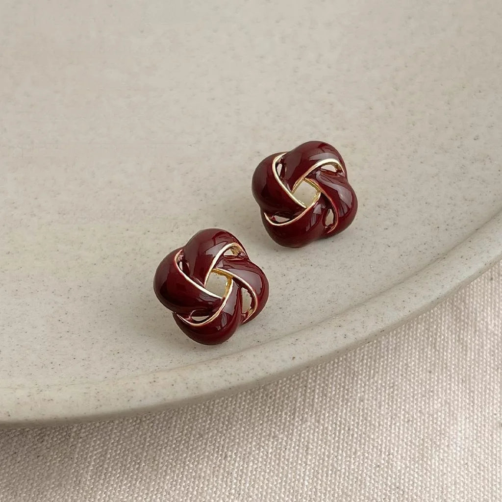 Premium Burgundy Enamel Geometric Hollow Stud Earrings, 14K Gold Plated Copper