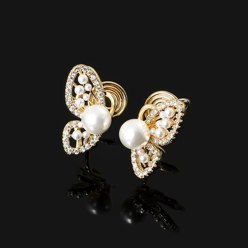 Elegant Pearl Butterfly Rhinestone Gold Alloy Stud & Clip On No Piercing Vintage Women's Earrings