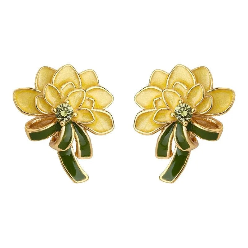 Hand Painted Drip Glaze Zircon Floral Stud Earrings Pastoral Chrysanthemum Marigold Design