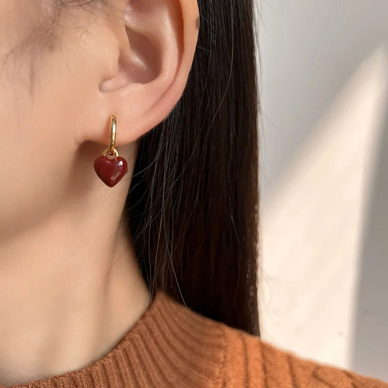Vintage Red Enamel Heart Gold Alloy Hoop Stud & Clip On No Piercing Hong Kong Style Earrings