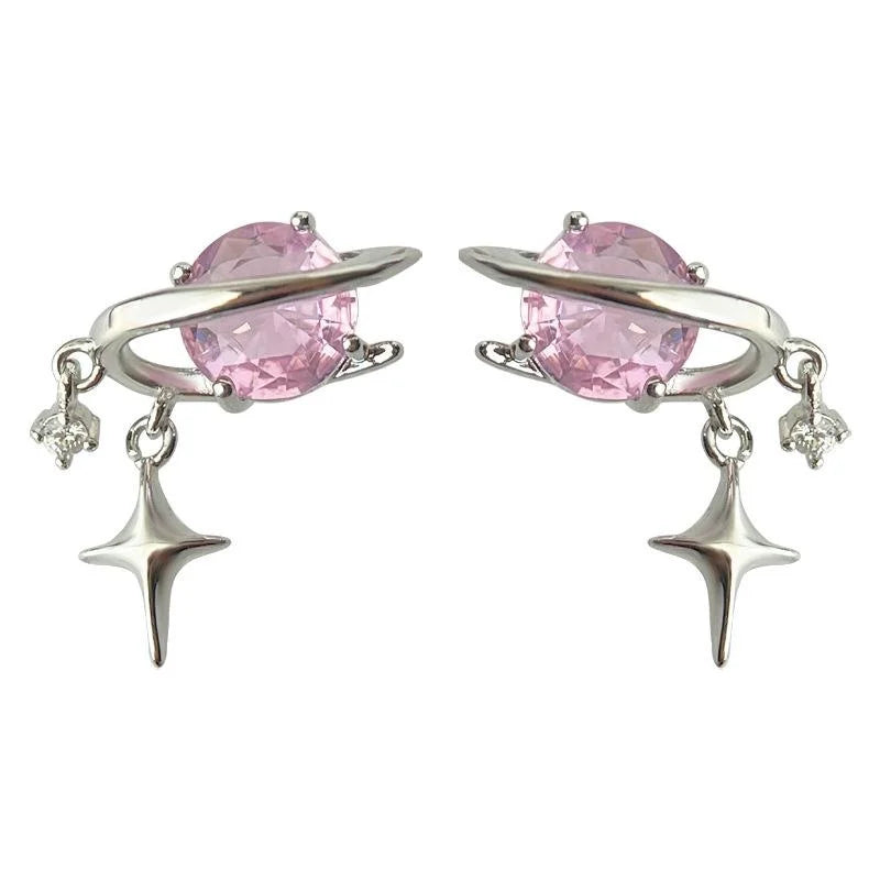 Original Design Planet Star Pink Zircon Copper Stud Earrings