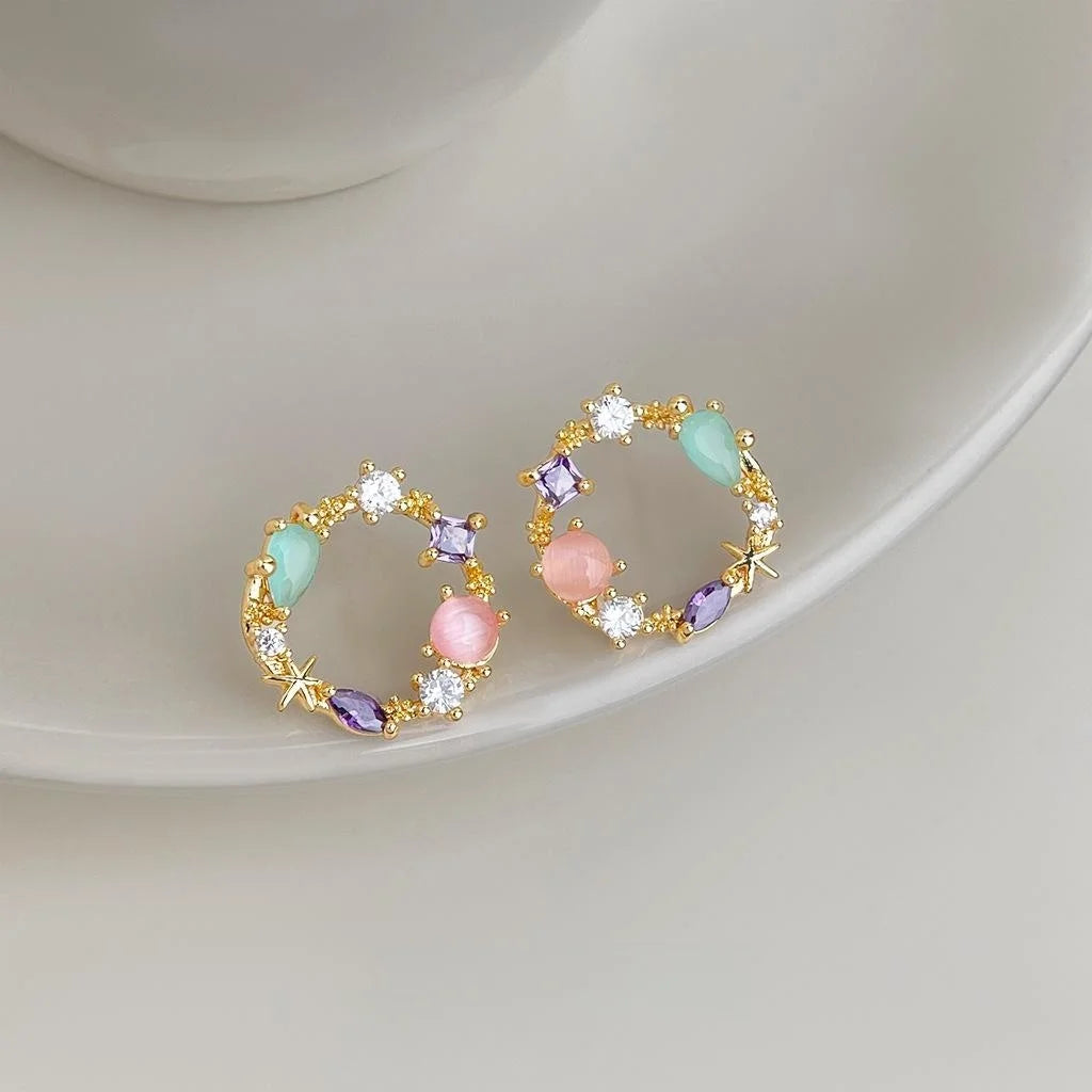 14K Plated Copper Zircon Floral Wreath Stud Earrings Colorful Forest Style Jewelry