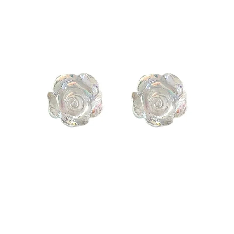 Transparent Colorful Resin Rose Flower Stud Earrings With Silver Plated Pins, Summer Jewelry
