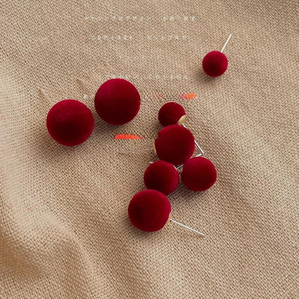 Burgundy Flocked Furry Round Geometric Ball Stud Earrings, Copper