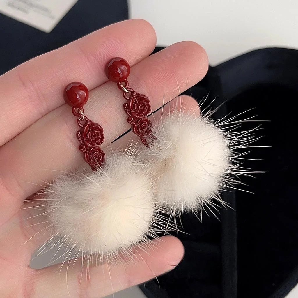 Burgundy Enamel Copper Flower Petal Pom Pom Drop Earrings Fashion OL Winter Jewelry