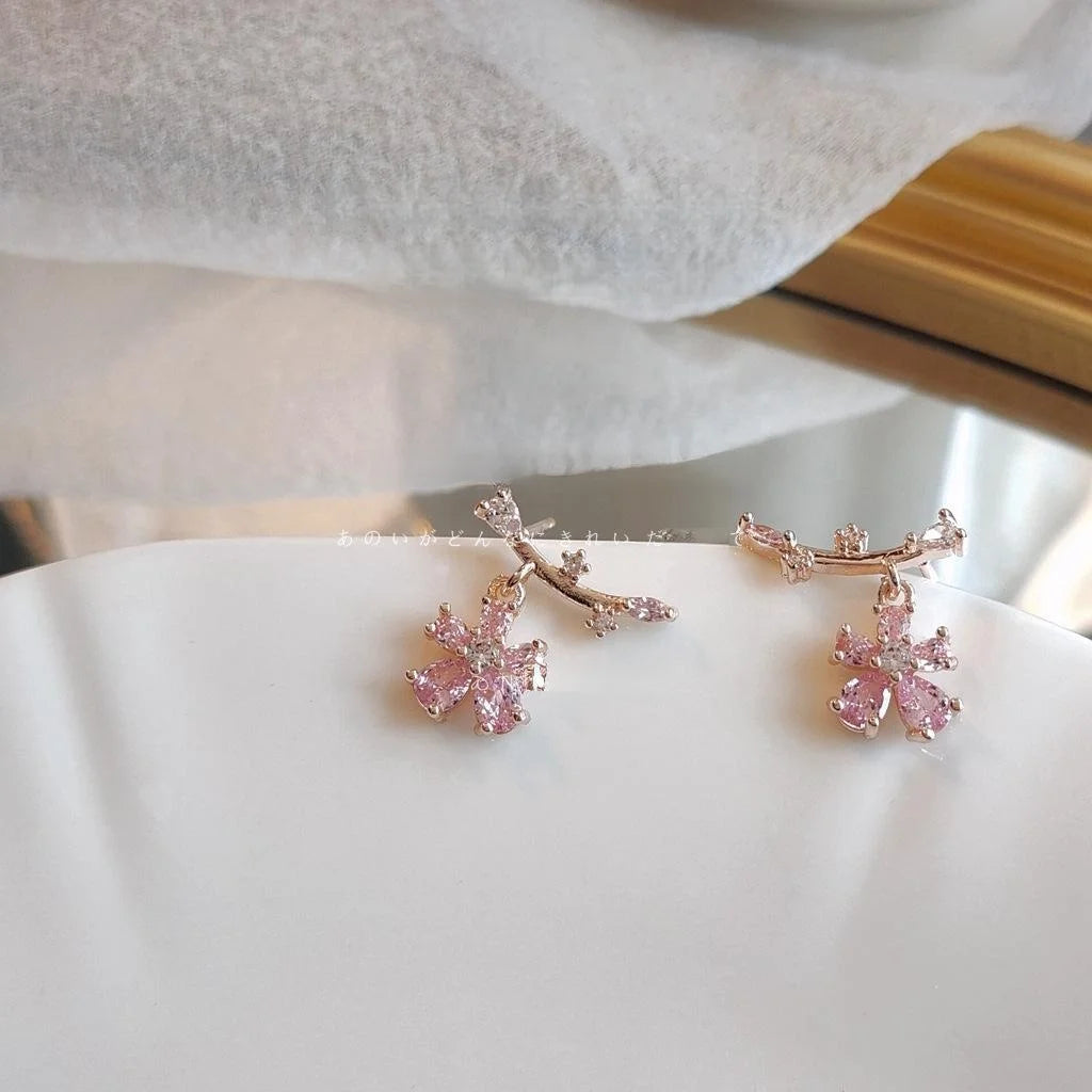 14K Plated Copper Flower Stud Earrings With Micro Pave Zircon Sweet Korean Style