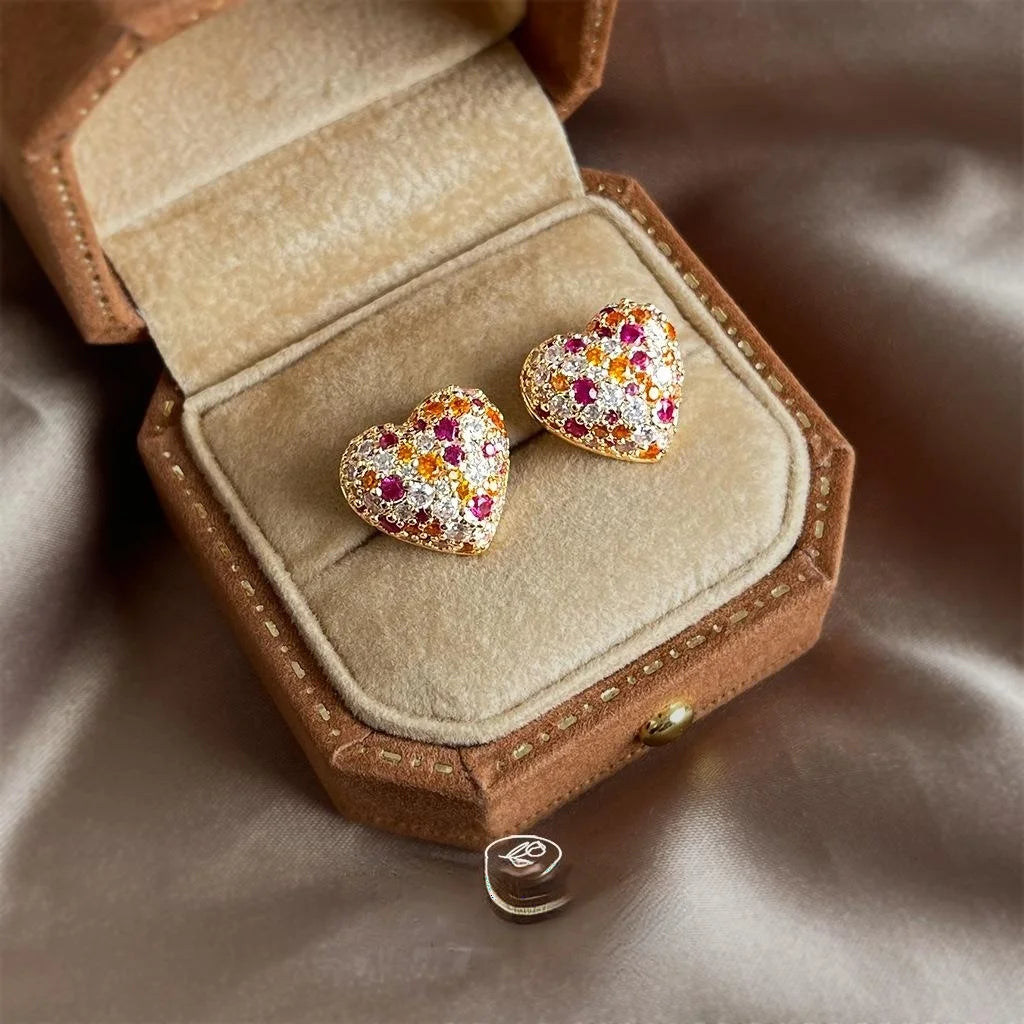 Light Luxury Full Zircon Colorful Heart Stud Earrings Copper Fashion Jewelry