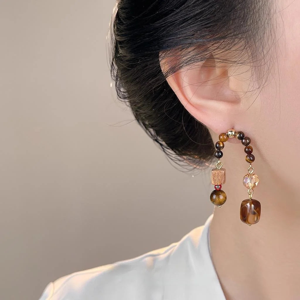 Maillard Style Handmade Copper Tiger Eye Rosewood Glass Crystal Geometric Drop Earrings