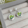 High-End Monet Garden Oil Painting Enamel Flower Leaf Copper Pearl Drop Earrings
