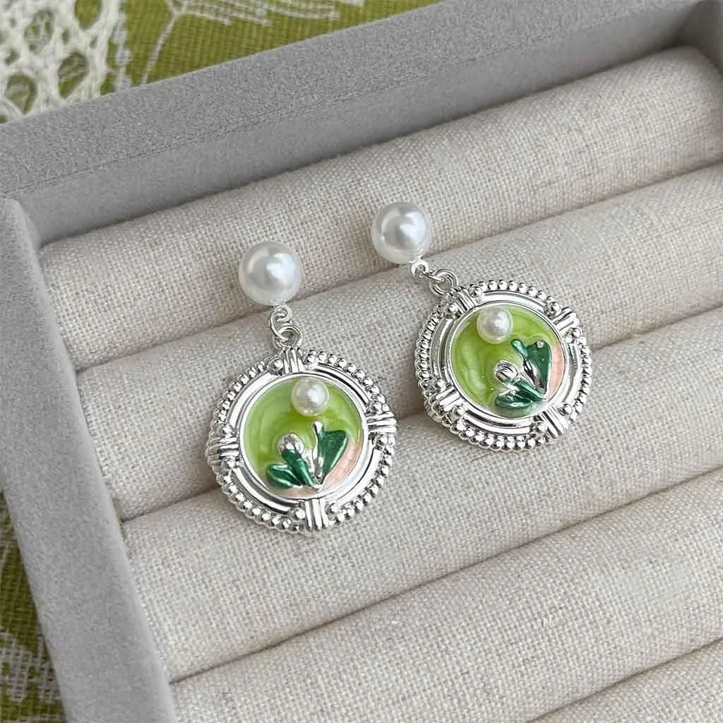 High-End Monet Garden Oil Painting Enamel Flower Leaf Copper Pearl Drop Earrings