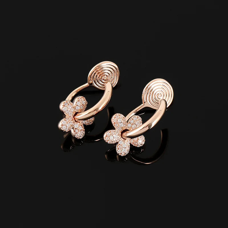 Elegant Rose Gold Rhinestone Flower Spiral Hoop Stud & Clip On No Piercing Women's Fashion Earrings